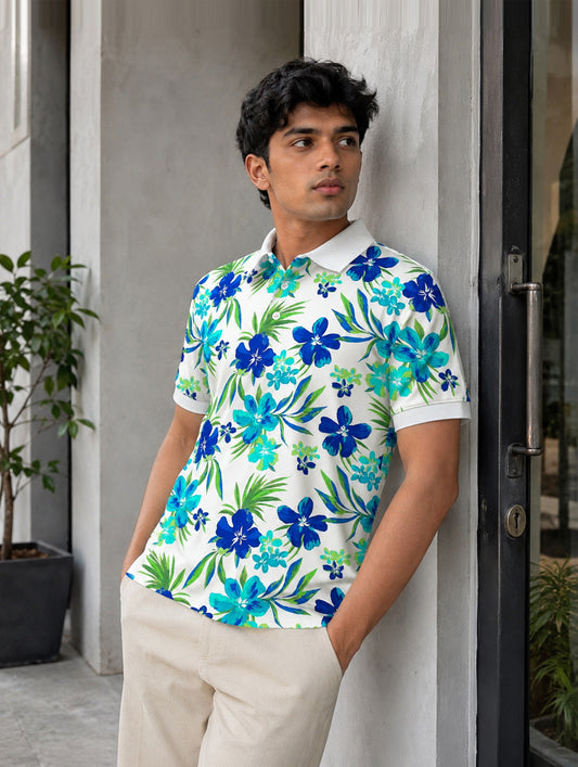 Blue Hibiscus Printed Polo T-Shirt