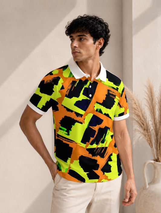 Abstract Brushstroke Print Polo T-Shirt