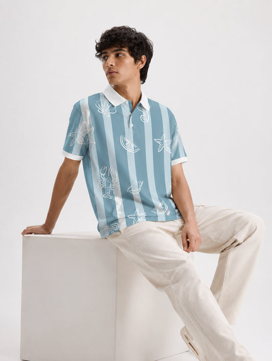 Coastal Stripe Print Polo T-Shirt