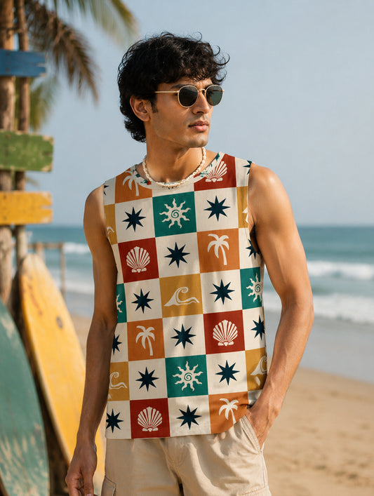 Retro Beach Tiles Printed Sando
