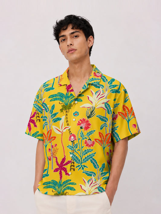 Yellow Tropical Floral Printed Shirt