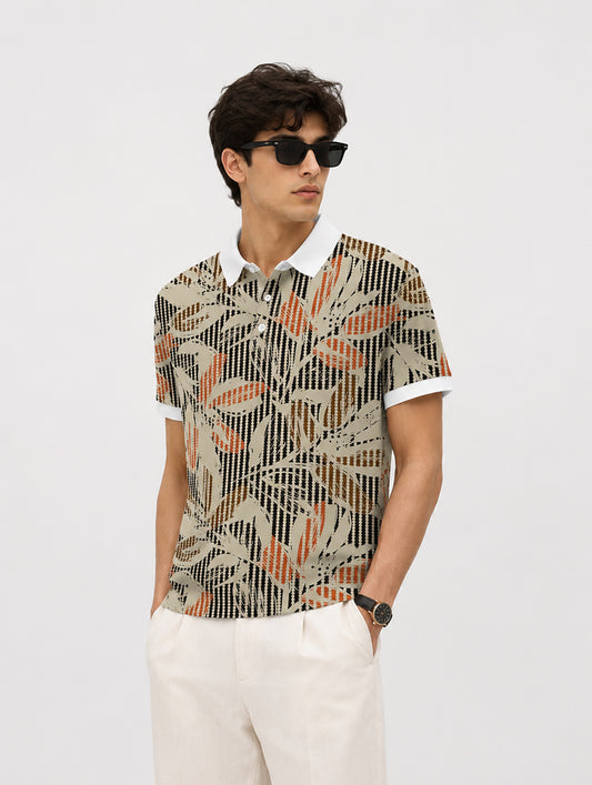 Tropical Leaf Stripe Print Polo T-Shirt