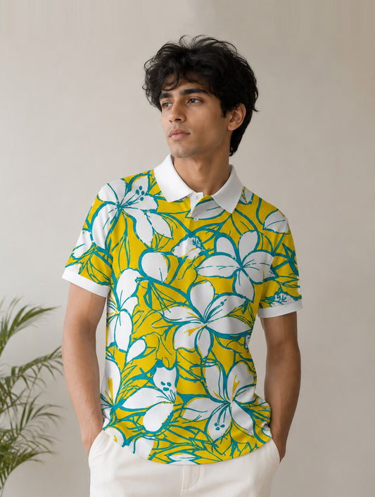 Island Flower Print Polo T-Shirt