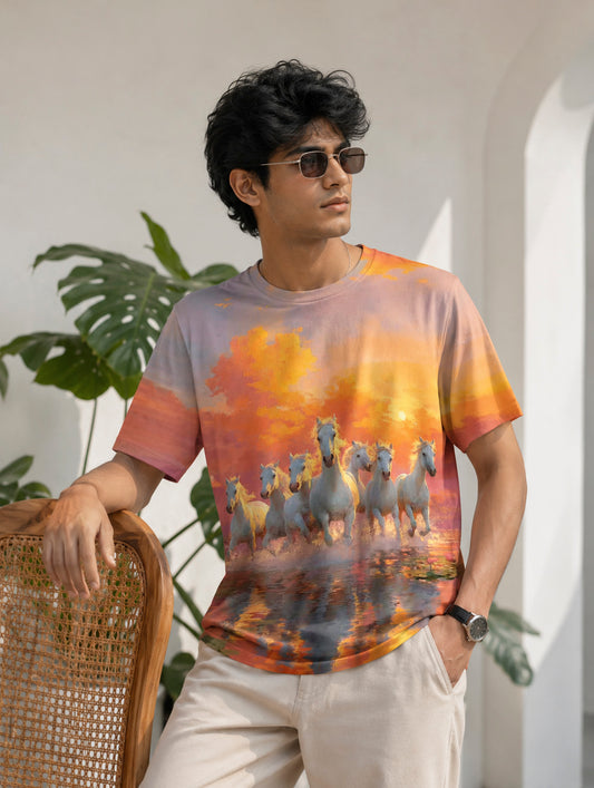 Wild White Horses Print T-Shirt