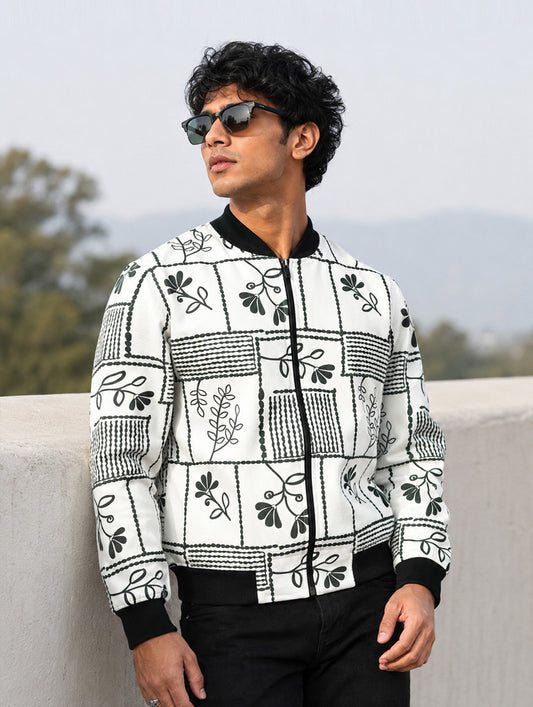 Floral Line Art Grid Bomber Jacket