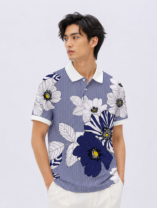 Bloom & Stripe Print Polo T-Shirt