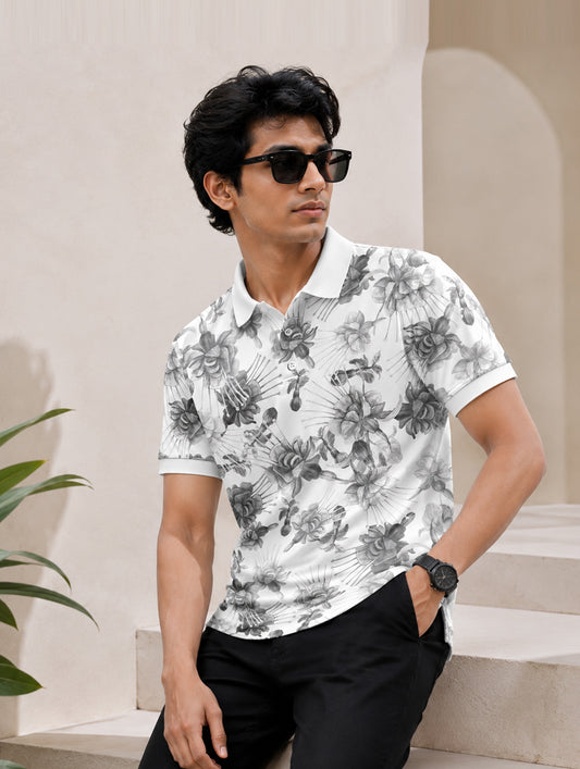 Black & White Floral Design Polo