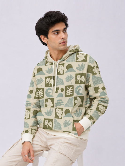 Nordic Botanical Grid Pattern Hoodie
