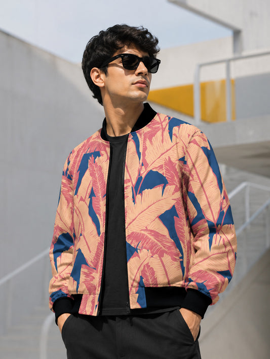 Banana Leaf Tropical Print Bomber Jacket