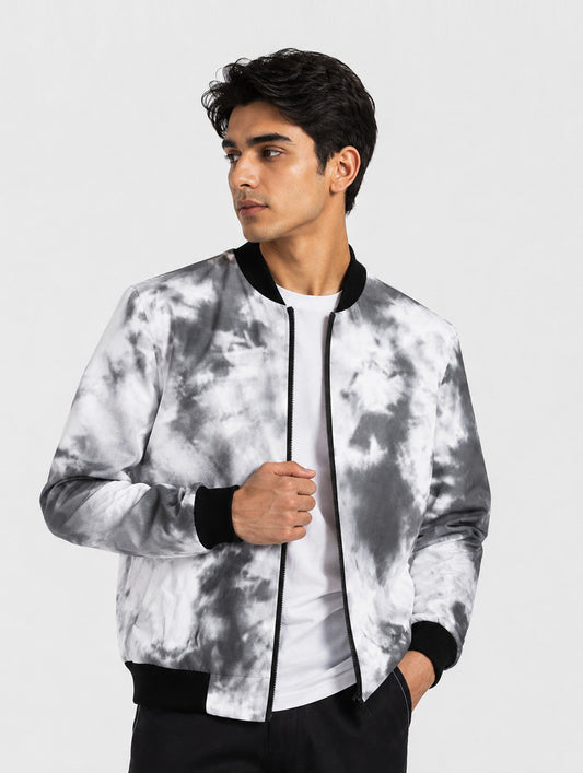 Black & White Tie-Dye Pattern Bomber Jacket