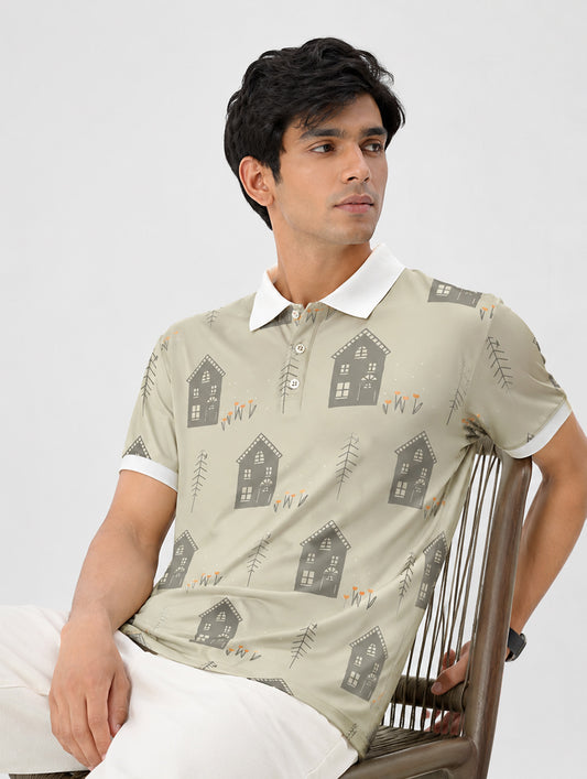 Folk House Print Polo T-Shirt