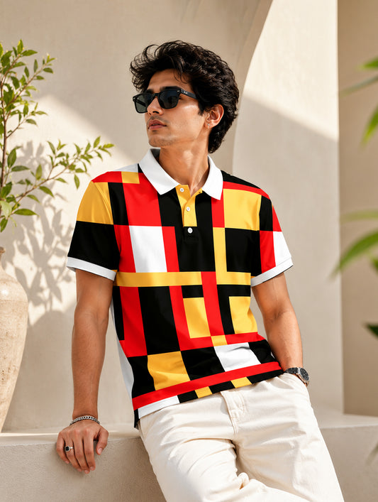 Abstract Color Block Print Polo T-Shirt