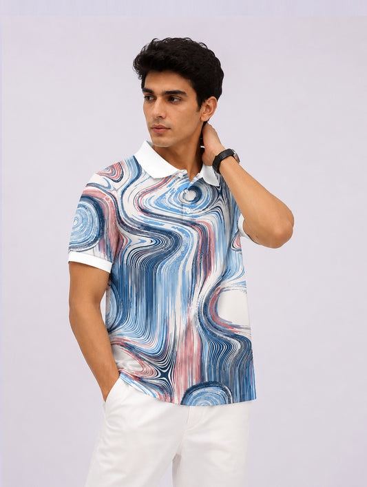Fluid Wave Print Polo T-Shirt