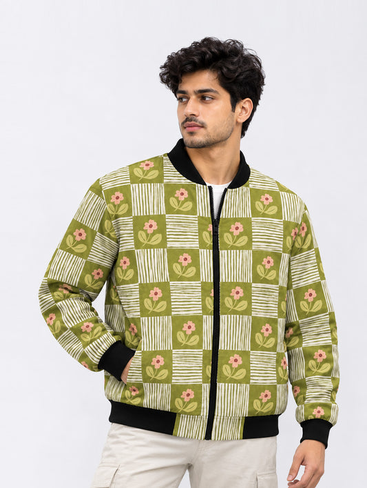 Botanical Checker Print Bomber Jacket