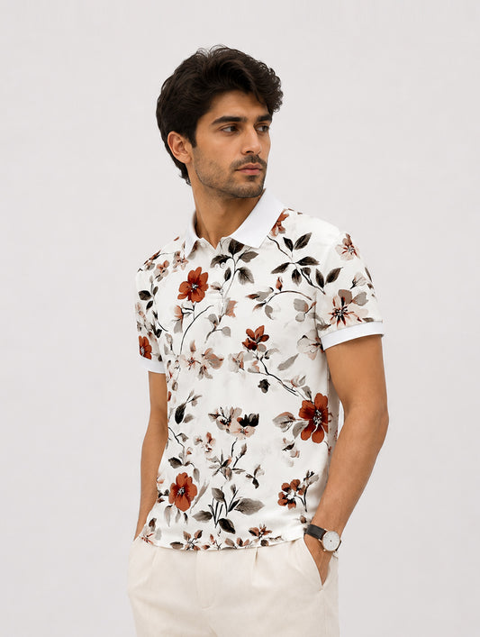 Vintage Blossom Print Polo T-Shirt