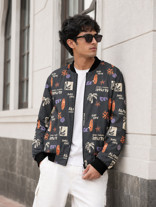 Tropical Surf Print Bomber Jacket
