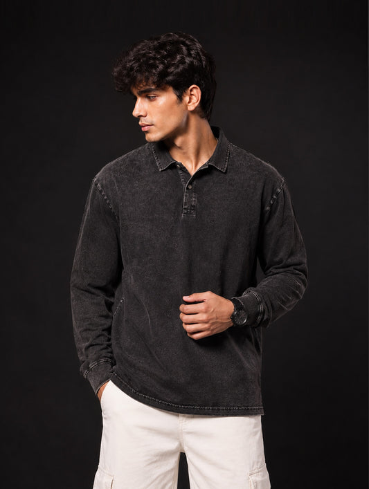Acid Wash Full Sleeve Polo T-Shirt #BM010