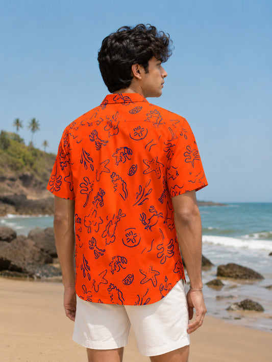 Orange Ocean Doodles Print Shirt