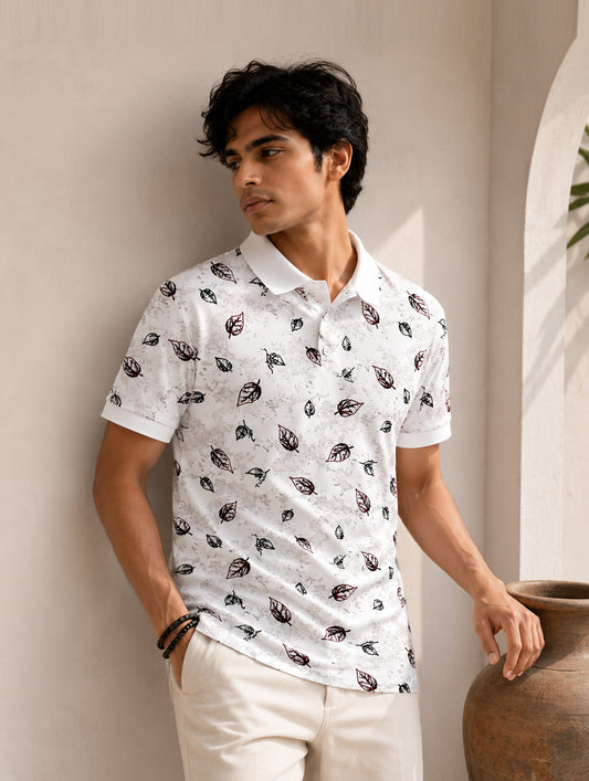 Black Leaf Printed Polo T-Shirt