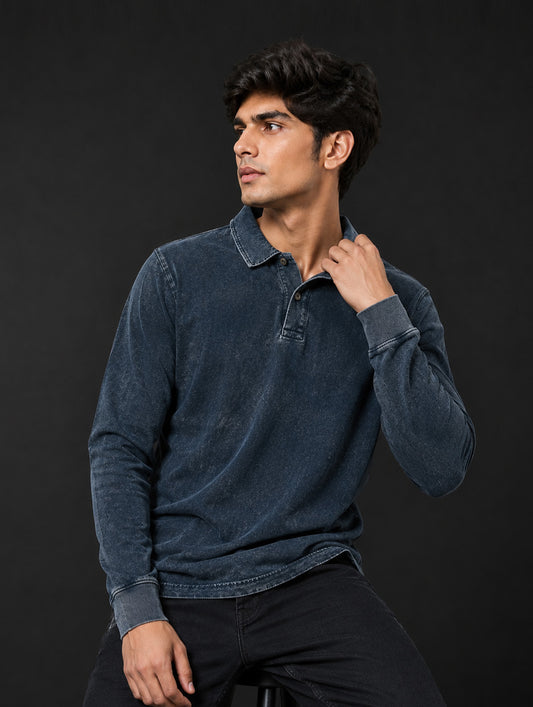 Acid Wash Full Sleeve Polo T-Shirt #BM011